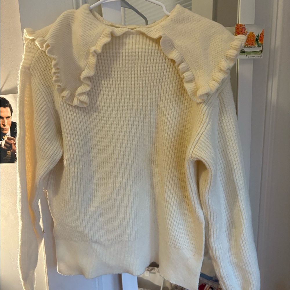 Zara Cream Crew Neck Sweater with Ruffle Detail